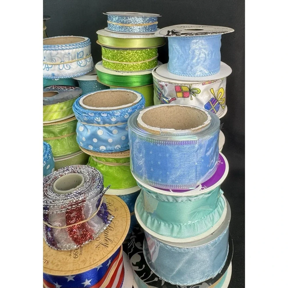 Lot Of 40+ Blue & Green Wired Craft Ribbon & Mesh New & Used